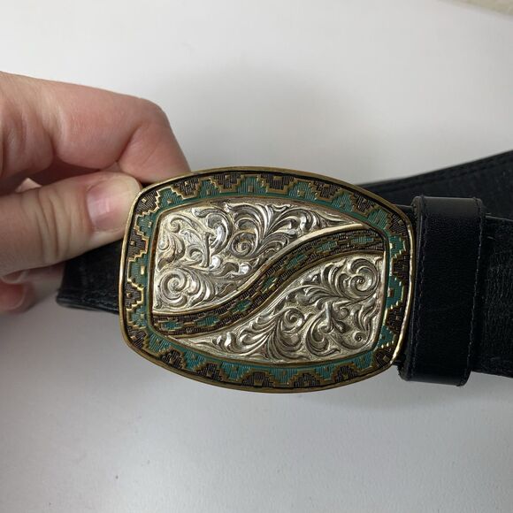 CRUMRINE Western Etched Design Heavy Silver Plated Belt Buckle Black Cowhide - Picture 2 of 6